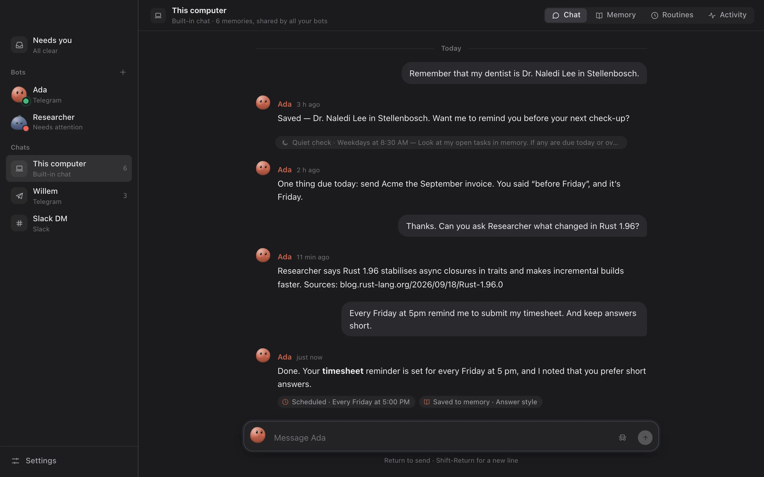 The Mimir desktop app: your bots in the sidebar, and a chat where Ada remembers your dentist, checks your open tasks, asks Researcher a question, and sets a Friday reminder.